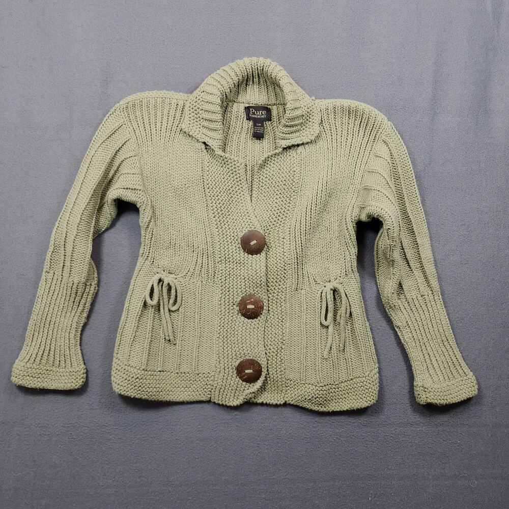 PURE Womens Cardigan Sweater Small Green Handknit Cotton Coconut Buttons Collar